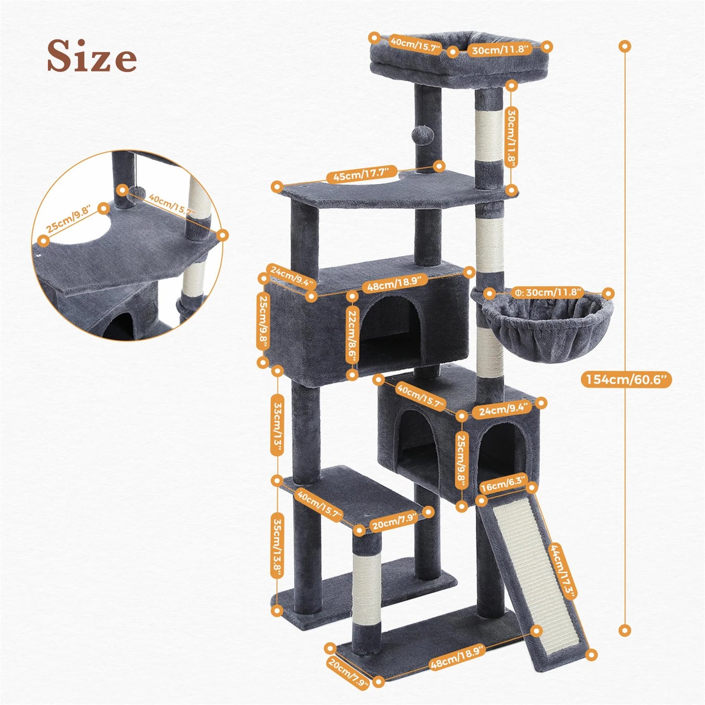 60" Cat Tree for Large Cats, Indoor Cat Tower for Cozy Plush Perches Multi-Level Cat Condo Play House, Gray