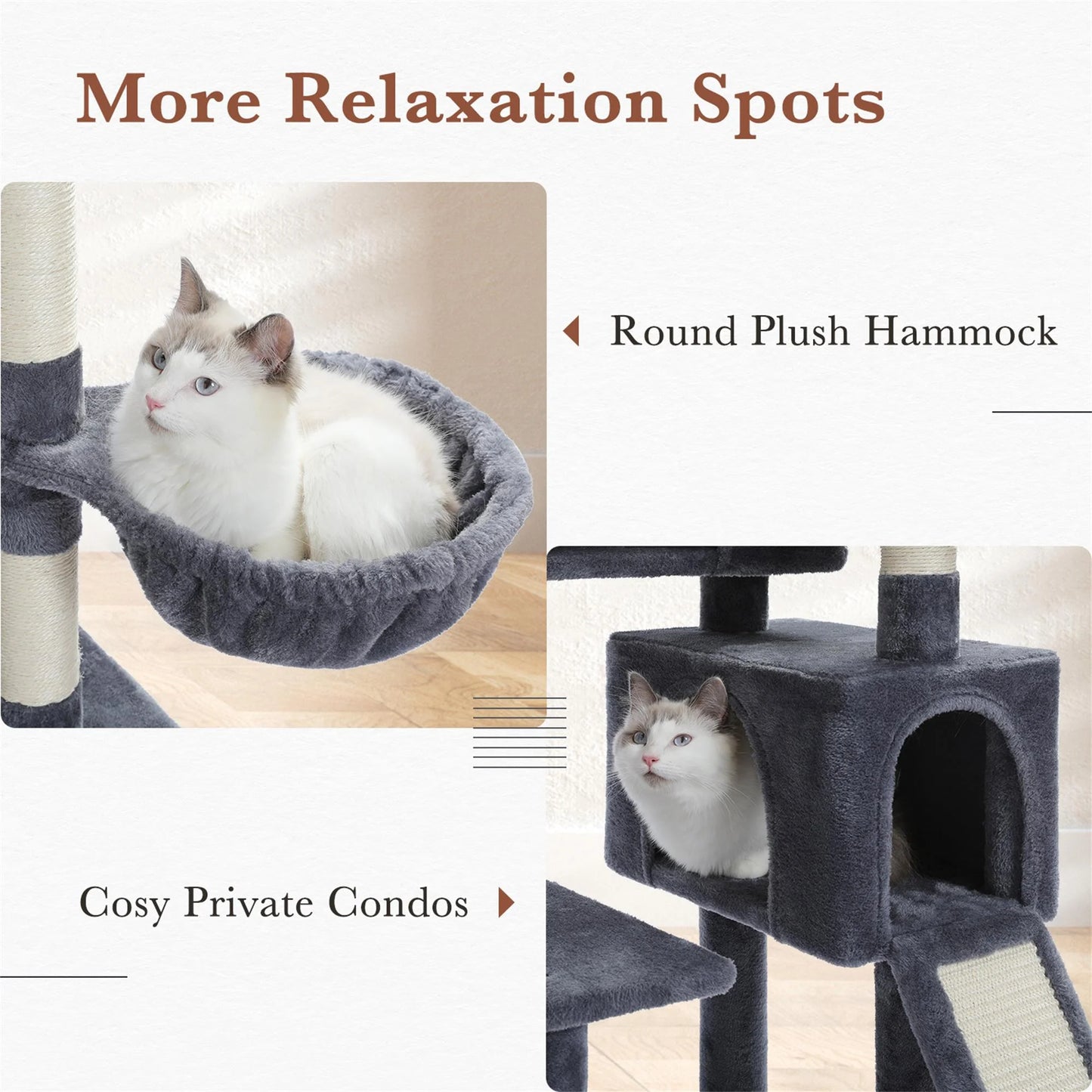 60" Cat Tree for Large Cats, Indoor Cat Tower for Cozy Plush Perches Multi-Level Cat Condo Play House, Gray