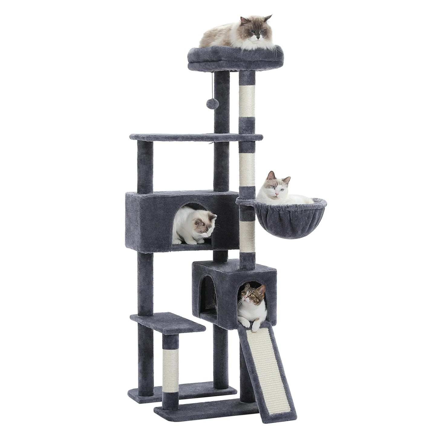 60" Cat Tree for Large Cats, Indoor Cat Tower for Cozy Plush Perches Multi-Level Cat Condo Play House, Gray
