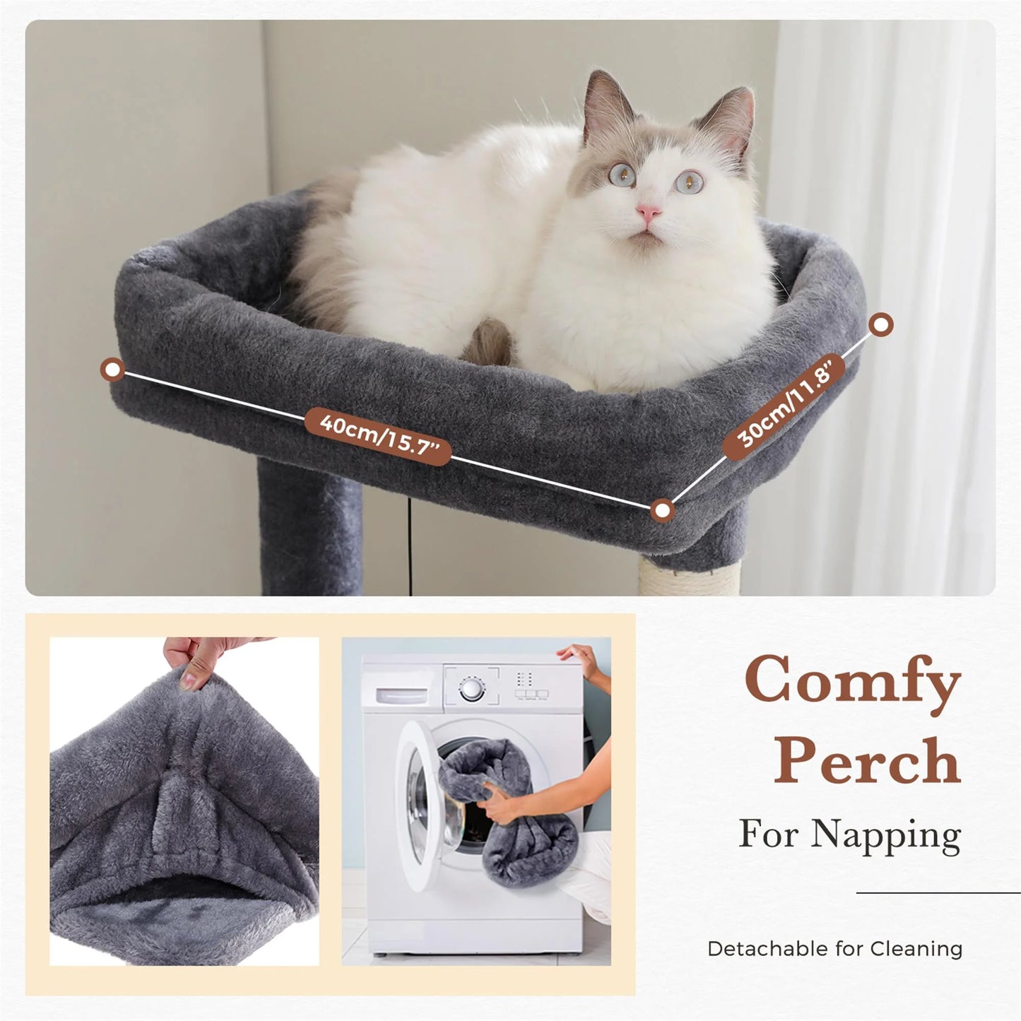 60" Cat Tree for Large Cats, Indoor Cat Tower for Cozy Plush Perches Multi-Level Cat Condo Play House, Gray