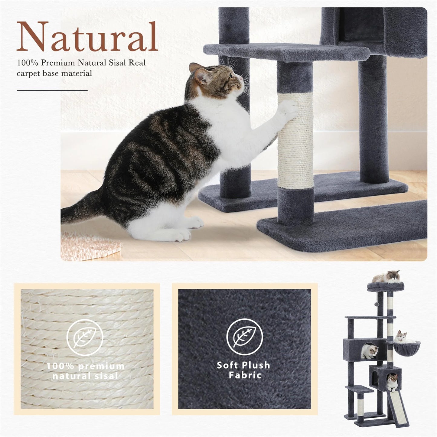 60" Cat Tree for Large Cats, Indoor Cat Tower for Cozy Plush Perches Multi-Level Cat Condo Play House, Gray