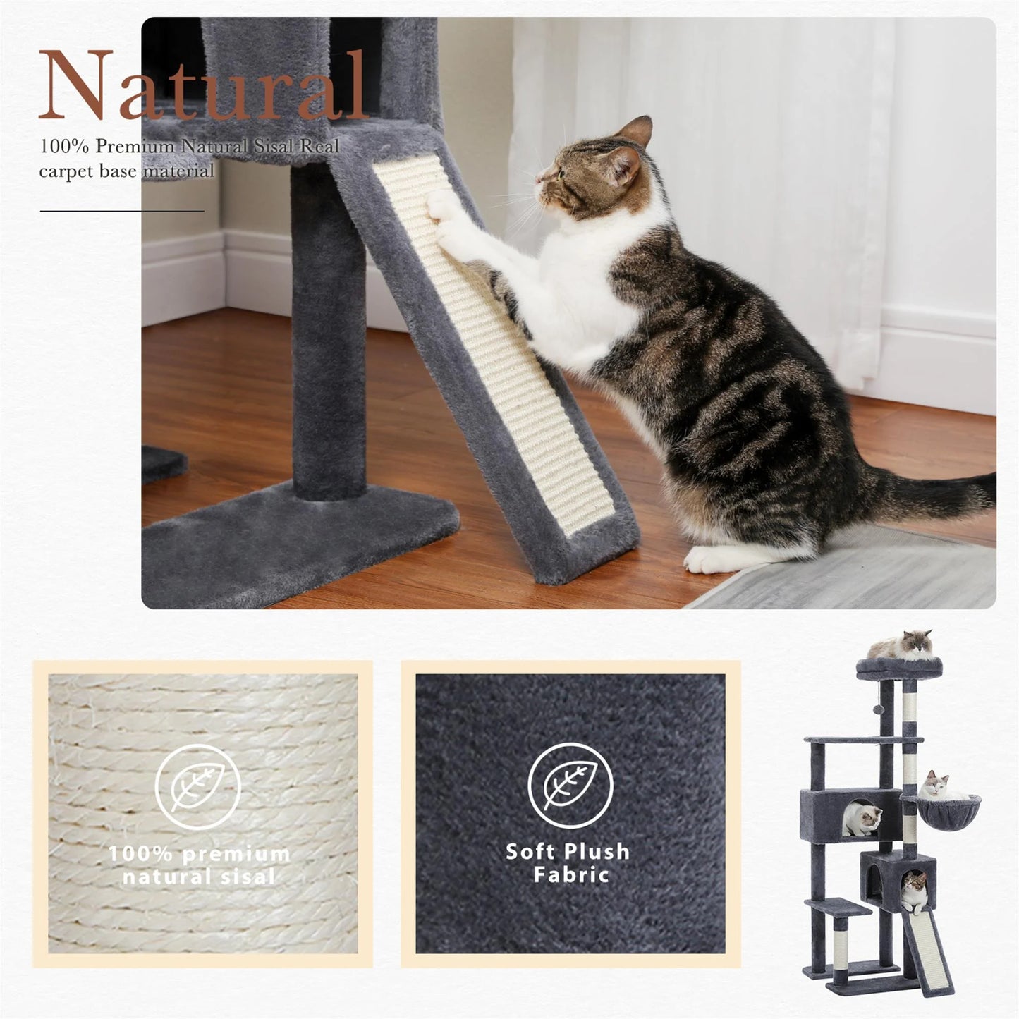 60" Cat Tree for Large Cats, Indoor Cat Tower for Cozy Plush Perches Multi-Level Cat Condo Play House, Gray