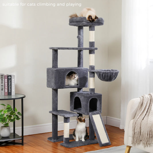 60" Cat Tree for Large Cats, Indoor Cat Tower for Cozy Plush Perches Multi-Level Cat Condo Play House, Gray