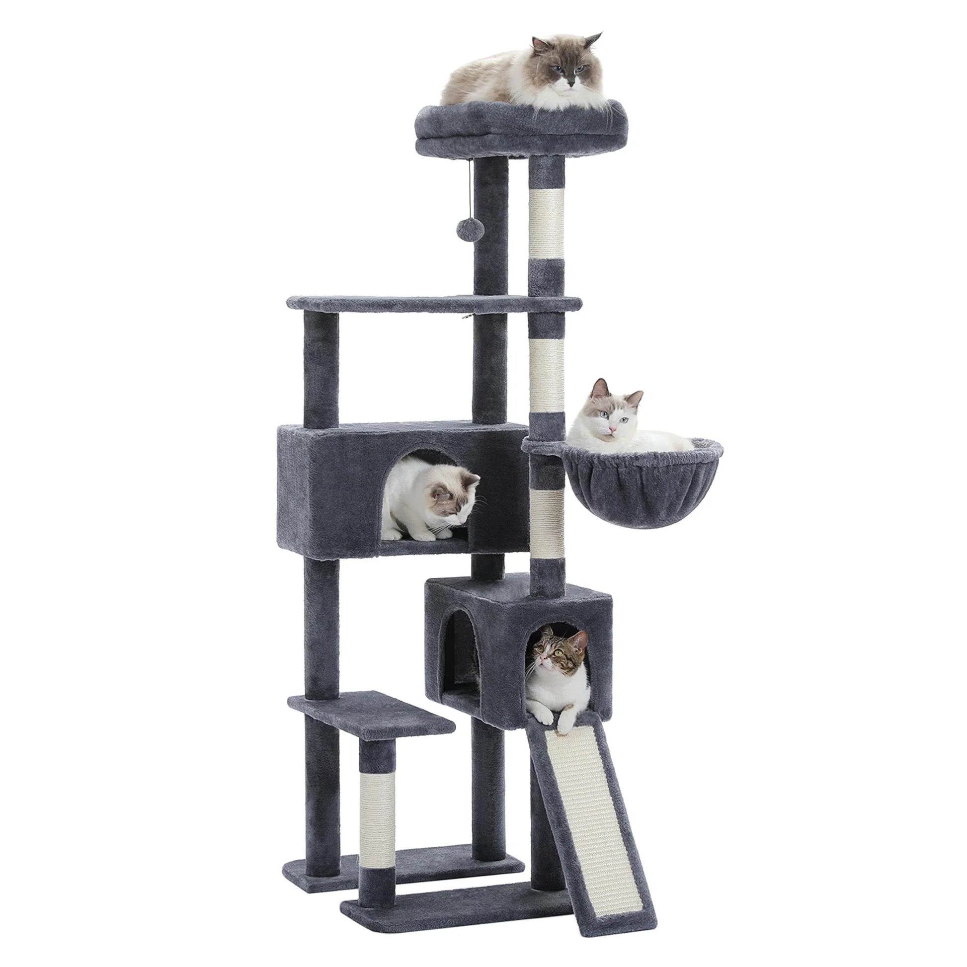 60" Cat Tree for Large Cats, Indoor Cat Tower for Cozy Plush Perches Multi-Level Cat Condo Play House, Gray